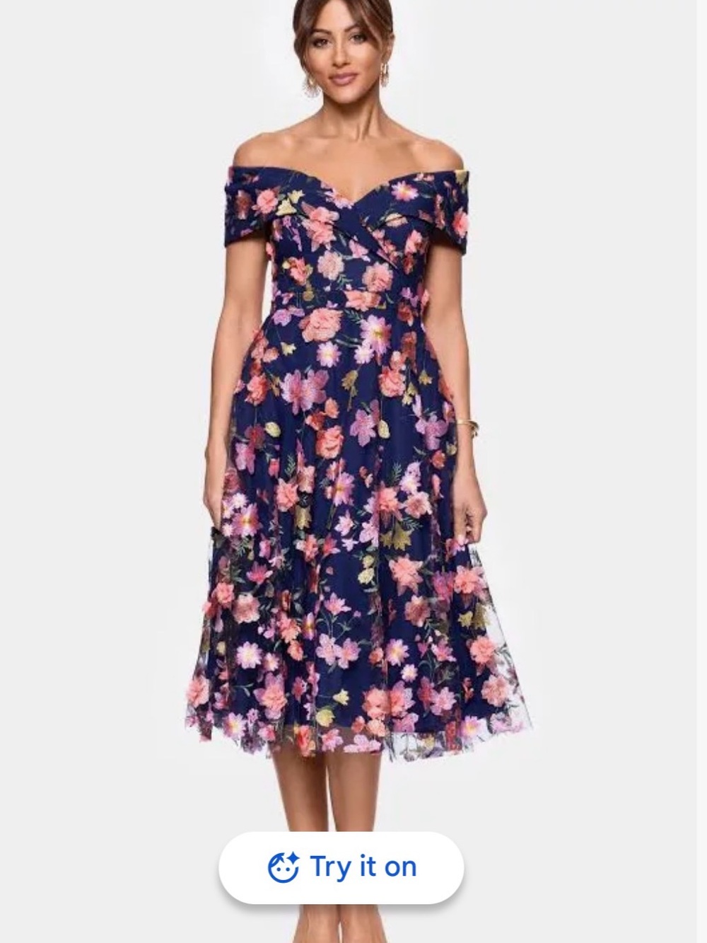 Xscape Navy One-Shoulder Floral Midi Dress with Pink Blossoms